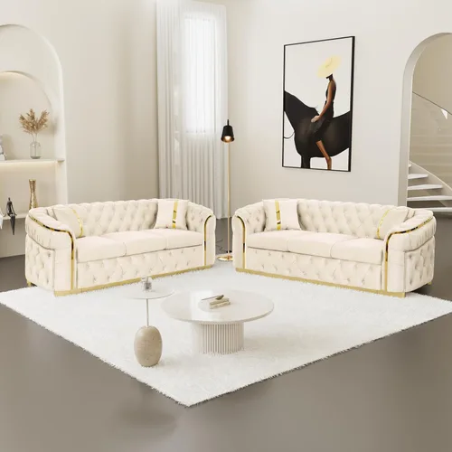 Vista 3 de KEIKI - Juego de sofá de lujo Chesterfield de 2 piezas con 2 sofás de terciopelo de 3 plazas extragrandes, juego de sofá acolchado moderno de 6