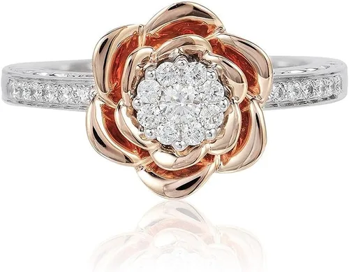 Vista 3 de Jewelili Enchanted Disney Fine Jewelry Anillo compuesto de oro rosa de 14 quilates sobre plata esterlina 1/4 Cttw Belle Rose