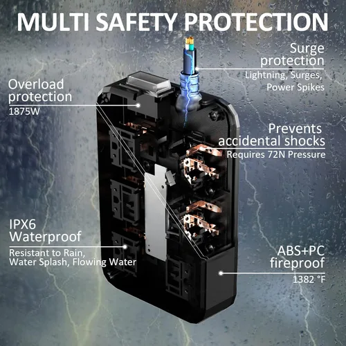 Vista 3 de Regleta de alimentación para exteriores IPX6 resistente a la intemperie, protector contra sobretensiones impermeable con 6 enchufes anchos con 3