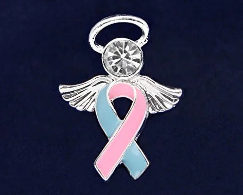 Vista 2 de Fundraising For A Cause Pink & Blue Ribbon Angel Pins Pink & Blue Ribbon Pins for Birth Defects Awareness, SIDS Awareness, Male Breast Cancer