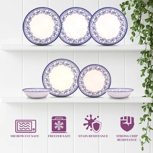 Vista 6 de TUDOR ROYAL - Juego de vajilla redonda de porcelana de 12 piezas, servicio para 4, diseño azul aster, multicolor floral, platos, tazones, tazas
