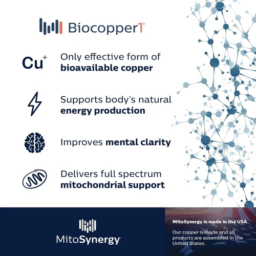 Vista 6 de MitoAdvanced BioCopper1 Cu1 (Cunermuspir) - Cóctel mitocondrial de cobre biodisponible con Coq10, tiamina, ribosa, folato, colina y ácido
