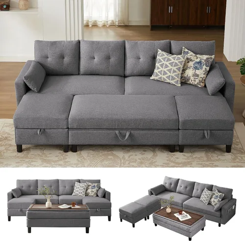 Vista 19 de Sofá en forma de L de 102 pulgadas, sofá con mesa auxiliar otomana, sofá moderno de 4 asientos con funda extraíble para apartamento y sala de estar