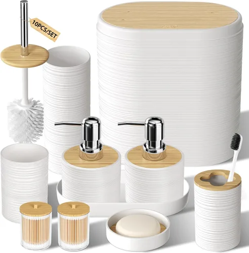 Vista 9 de XLHOMO Juego de 10 accesorios de baño color negro, juego de accesorios de baño de lujo con basura, cepillo de inodoro y 2 dispensadores de jabón