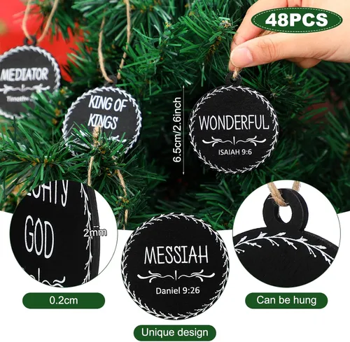 Vista 2 de Jetec 48 Piezas Adornos con Nombres de Jesús Cristo Adornos de Navidad Juego de Belén Adorno Redondo de Madera para Navidad Adorno Colgante
