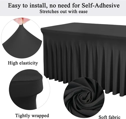Vista 5 de Besutolife - Faldas de mesa de elastano negro para mesas rectangulares de 4 pies, diseño de una pieza, mantel para fiestas de cumpleaños, bodas