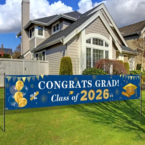 Vista 7 de Decoraciones de graduación 2026 Congrats Grad Class of 2026 - Cartel de graduación negro y dorado para patio, decoraciones colgantes para interiores