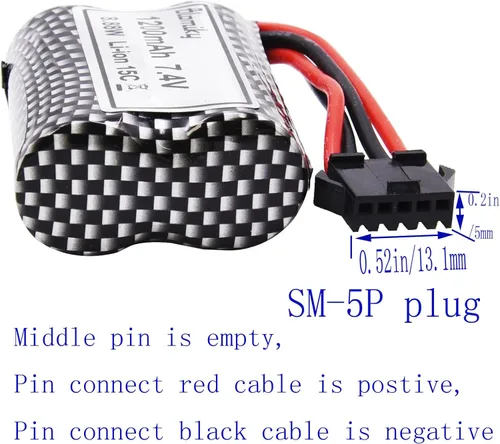 Vista 5 de Blomiky - Paquete de 2 baterías recargables de iones de litio de 7.4 V 1200 mAh con enchufe SM-5P y cable USB para alguna versión TX123 RC Boat