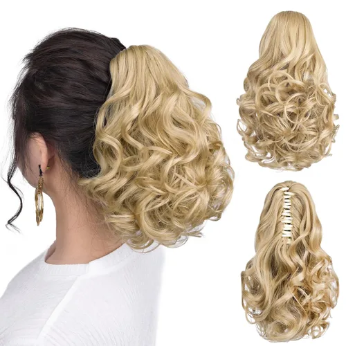 Vista 33 de Cola de caballo con clip, color castaño rojizo, ondulado de 10 pulgadas, extensión de cola de caballo de 3.3 onzas, extensiones de cabello sintético