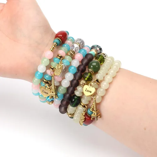 Vista 8 de WuCuifu Paquete de 8 pulseras apilables bohemias para mujer, pulseras de cuentas estiradas multicapa