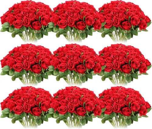 Vista 12 de Jexine 100 piezas de rosas artificiales a granel, ramo de rosas de seda falsas realistas de tallo largo para centros de mesa, jarrones, bodas, Beige