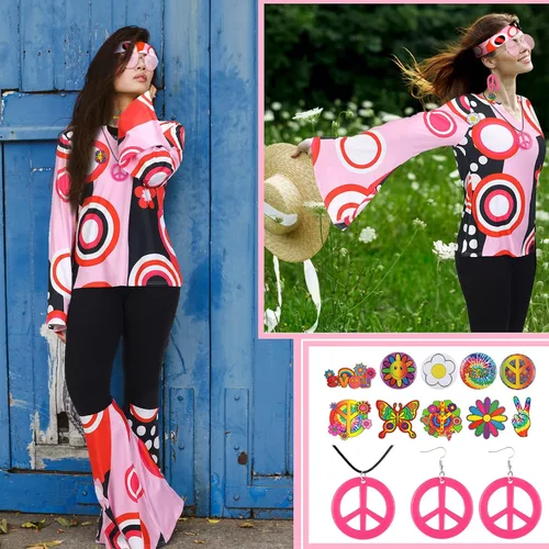 Vista 4 de Jiuguva Conjunto de 17 piezas de disfraz hippie de los años 60 y 70 para mujer, vestido de discoteca, pantalones bohemios, acampanados, camisa