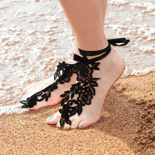 Vista 4 de Janmercy 2 pares de sandalias descalzas de encaje sexy bordado tobillera con anillo para los dedos del pie, joyería floral vintage para mujer