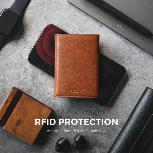 Vista 34 de VULKIT Cartera con tarjetero para hombre, con cierre magnético, bloqueo RFID, billetera de cuero triple, marino, Moderno