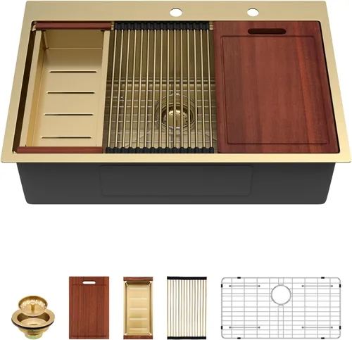 Vista 24 de Sarlai - Fregadero de cocina de cascada de 31 pulgadas, de montaje superior - 31x20 Fregadero de cocina con borde y estación de trabajo, de acero