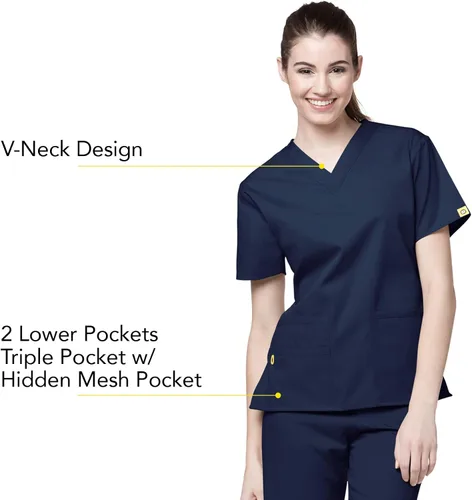 Vista 2 de Bata quirúrgica para mujer Wonderwink con 5 bolsillos y cuello en V