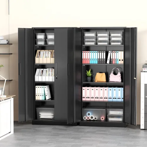 Vista 7 de Greenvelly Armario de almacenamiento de metal con cerradura, gabinete de garaje de metal de 71 pulgadas con 2 puertas y 4 estantes ajustables