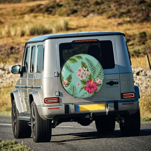 Vista 6 de Funda de repuesto para neumáticos de repuesto con hojas tropicales hawaianas, protección solar, ajuste universal para remolque, RV, SUV, camión