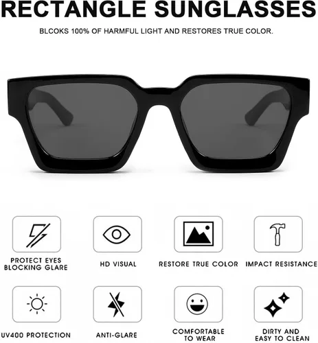 Vista 5 de YuJian Gafas de sol cuadradas para mujeres y hombres, marco grueso retro, diseño simple, a la moda, rectangular, sombras YJ3093