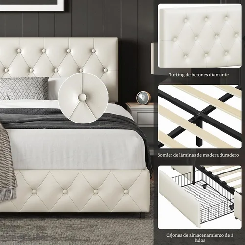 Vista 7 de Yaheetech Base de cama Queen tapizada con cabecera ajustable con botones de diamante, 3 cajones de almacenamiento, cama de plataforma queen/listones