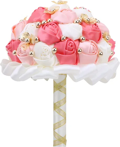 Vista 13 de Ramo de boda de 7 pulgadas, ramo de flores de satén para dama de honor, botón dorado, ramo de flores artificiales para bodas en interiores Negro