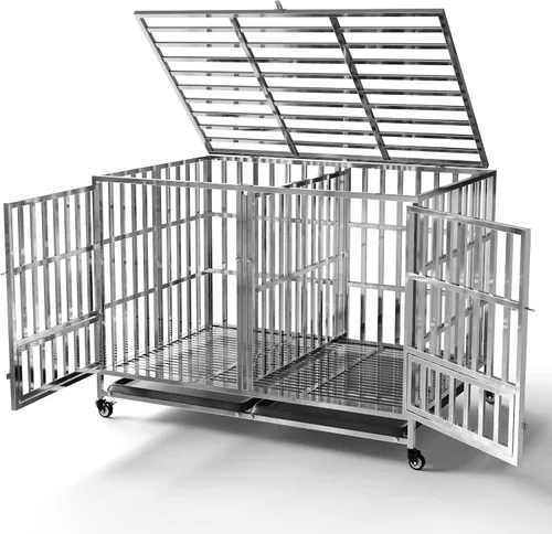 Vista 8 de Jaula plegable de acero inoxidable para perros, 30, 37, 42, 48 pulgadas, rueda con cerradura, con bandeja, apilable, resistente, divisor