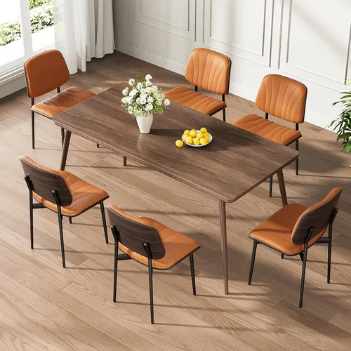 Vista 24 de Juego de 2 sillas de comedor, modernas sillas tapizadas de piel sintética de mediados de siglo con respaldo de nogal y patas de metal, pies