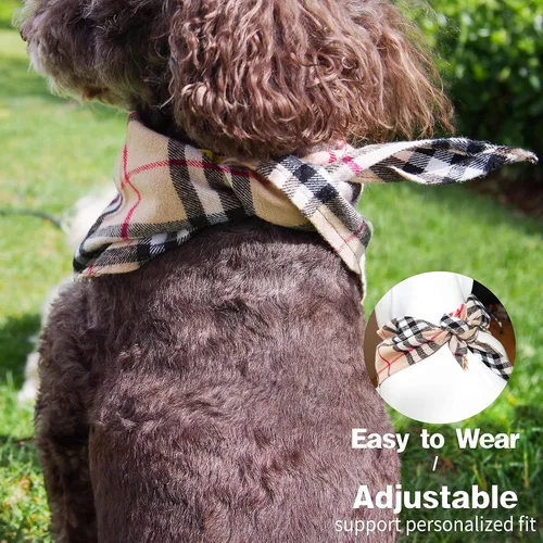 Vista 3 de Pañuelo ajustable para perro, 1 bufanda triangular de algodón suave y lavable para perros y gatos pequeños, medianos y grandes (marrón y azul, S)