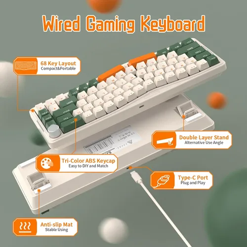 Vista 3 de ATTACK SHARK AKS068 Teclado mecánico con cable para juegos 65% Alice Layout Montaje de junta intercambiada en caliente con retroiluminación RGB