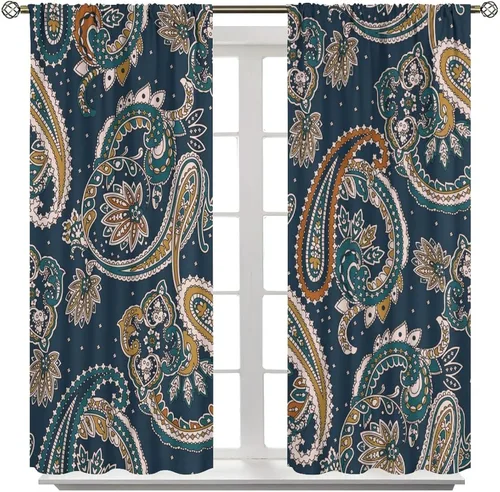 Vista 203 de Cortinas opacas con estampado de flores de cachemira, estampado de cachemira sobre fondo blanco, para decoración del hogar, cocina, restaurante