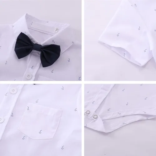 Vista 7 de Conjunto de traje de caballero de manga corta para bebé niño con corbatín + pantalones cortos con tirantes y pantalones cortos para bautizo festivo