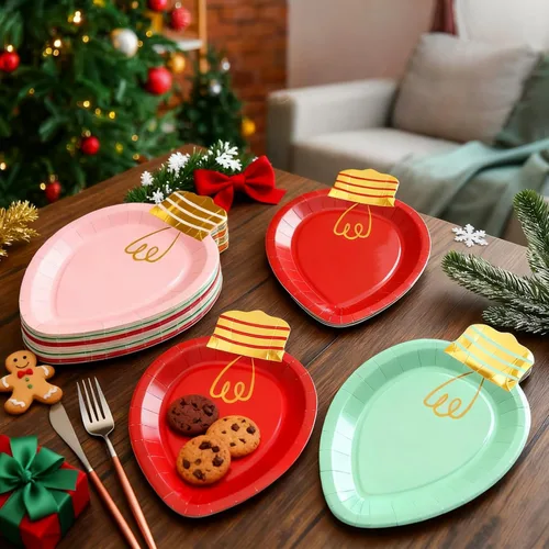 Vista 4 de Whaline 30 platos de papel de Navidad con forma de luces desechables para cena y fiesta, vajilla de vacaciones para postres ensaladas, aperitivos