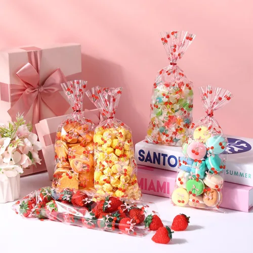 Vista 4 de Yexiya - 100 bolsas de celofán de cereza, lazos rosados, bolsa de regalo
