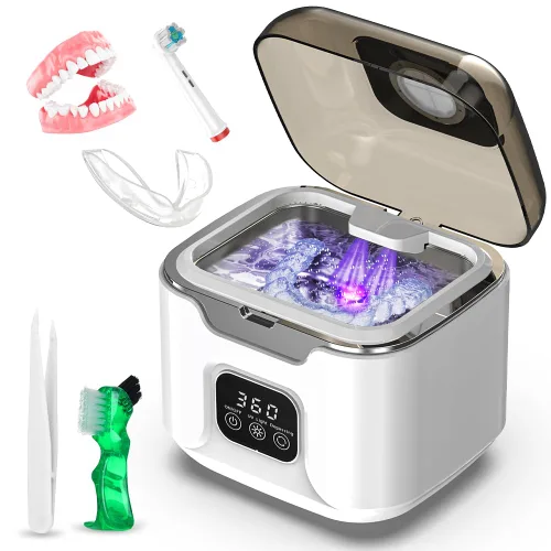 Vista 9 de Limpiador ultrasónico de retenedores, limpiador de retenedores dentales portátil de 48 kHz con capacidad de 8.1 fl oz, limpiador bucal digital