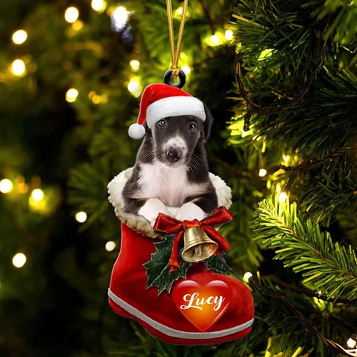 Vista 64 de Adorno de Navidad de perro afgano en bota de Papá Noel, adorno de nombre de perro personalizado, regalo para amante de los perros, decoración