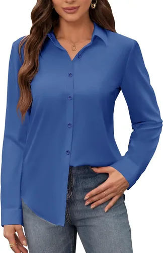 Vista 16 de Siliteelon - Camisas de vestir para mujer, a prueba de manchas, sin arrugas, de manga larga, sólidas, para trabajo y negocios, con botones