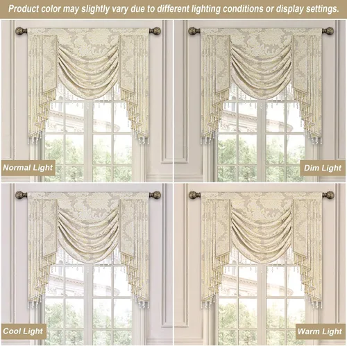 Vista 2 de Loom and Mill Cenefa de cascada de lujo de jacquard para sala de estar, elegantes cenefas de ventana con festones y cuentas damascadas, cortinas