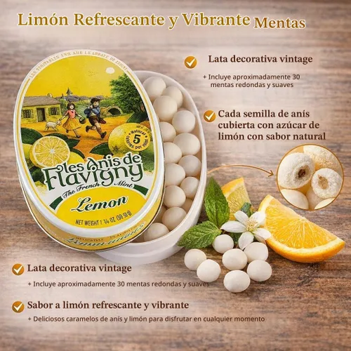 Vista 2 de Les Anis de Flavigny Caramelo, limón, lata ovalada de 1.8 onzas