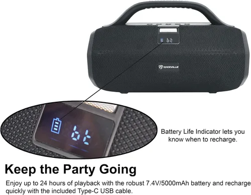 Vista 5 de Rockville SONIC-50L Altavoz Bluetooth portátil, sonido estéreo de 50 W, anillos LED duales, IPX5 resistente al agua, batería de hasta 24 horas, TWS
