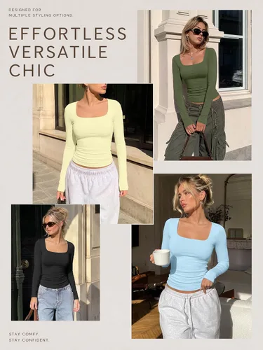 Vista 6 de Trendy Queen - Camisas ombligueras para mujer, manga larga, cuello cuadrado, básicas, para salir, de invierno, Y2K Albaricoque