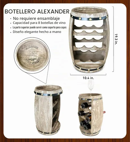 Vista 2 de CoTa Global Moderno Alexander - Soporte de vino de barril de madera independiente para 8 botellas de vino, soporte para botellas, soporte de suelo