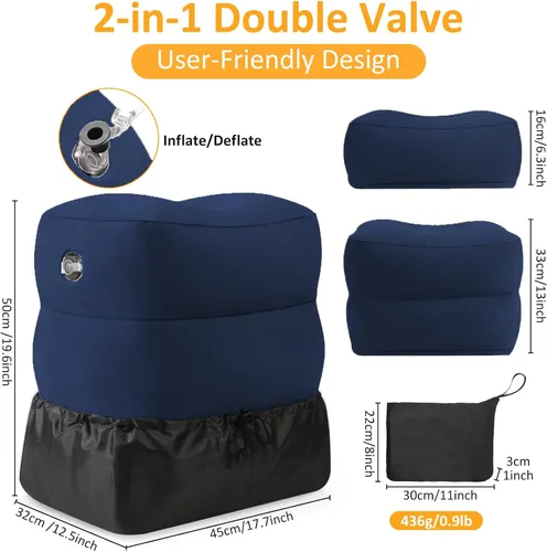 Vista 3 de Almohada inflable con reposapiés para viajes, altura ajustable, con máscara para los ojos y tapones para los oídos para niños y adultos en avión