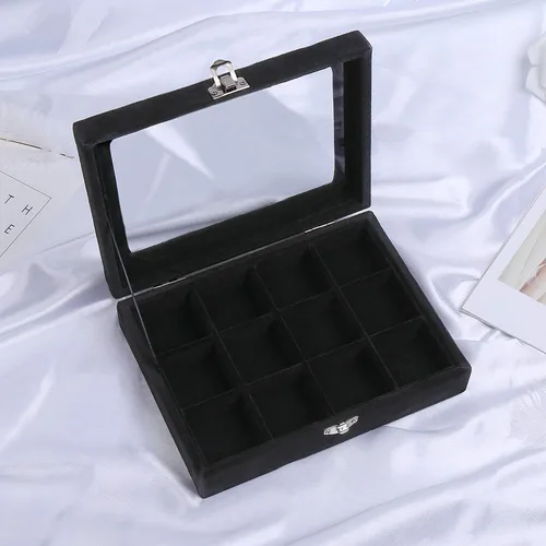 Vista 8 de STYLIFING Bandeja de terciopelo para joyas de 12 rejillas, tapa transparente, vitrina de joyería con cerradura para niñas y mujeres