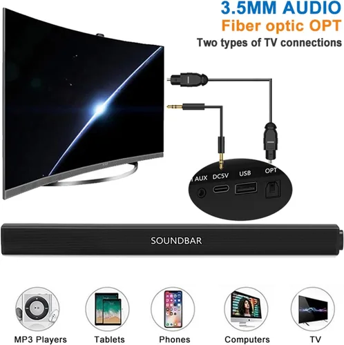 Vista 3 de Barra de sonido portátil para TV/PC, exterior/interior con cable e inalámbrico Bluetooth 5.0 altavoz con control remoto y cable óptico, barra