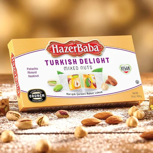Vista 8 de Hazer Baba Delicias Turcas, Caja de bocadillos gourmet con nueces mixtas y sabor a vainilla, bocadillo tradicional vegano, Lokum turco, dulces