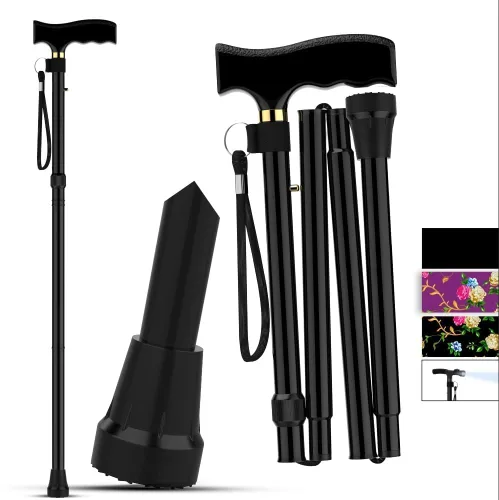 Vista 9 de Bastón para hombres y mujeres – Plegable, ajustable, bastón autoestable con base pivotante de 360°, agarre cómodo, bastones resistentes para Negro