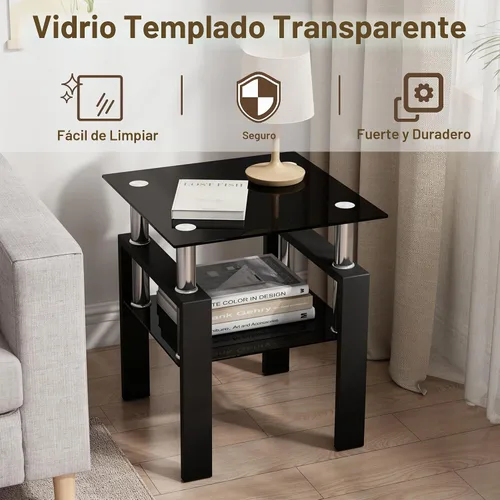 Vista 7 de Mesa auxiliar de cristal, mesa de esquina superior de vidrio Negro