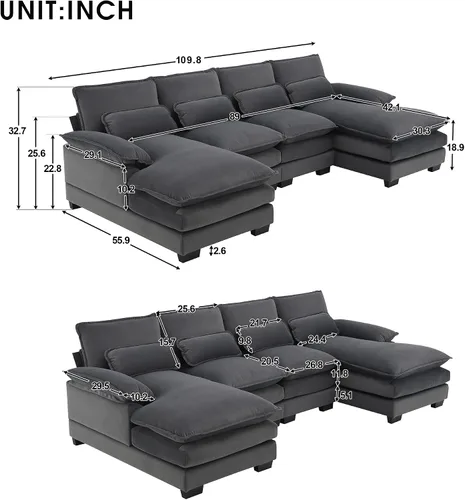 Vista 2 de Moderno sofá modular en forma de U con almohadas para la cintura, sofá cama con diván, sofá tapizado simétrico de felpilla de 6 asientos para sala