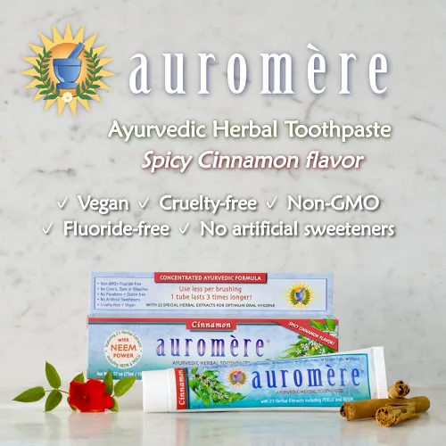 Vista 3 de Auromere Pasta dental ayurvédica de hierbas, canela, vegano, natural, sin OMG, sin fluoruro, sin gluten, con neem y peelu (3.57 onzas), 1 paquete
