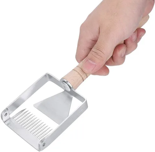 Vista 7 de TOPINCN Miel destaponamiento raspador acero inoxidable panal miel tenedor cuchillo Uncapper apicultura herramienta raspador colmena mango de madera
